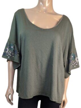 💠Reitmans Short Flare Sleeve Top Womens XXL Green Floral Accent Low Tie Back